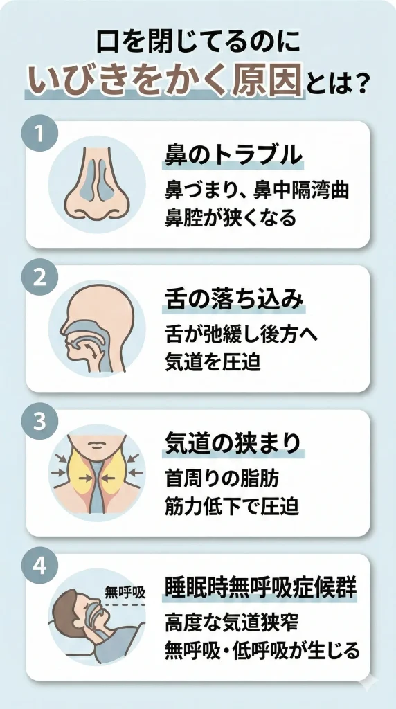 口を閉じてるのにいびきをかくのはなぜ？原因とは？