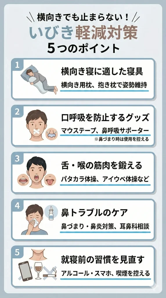 横向きでもいびきが止まらないときのセルフ対策