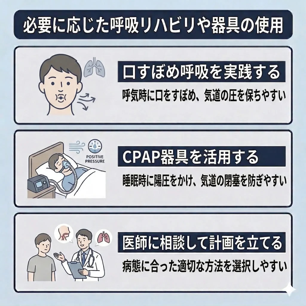 必要に応じた呼吸リハビリや器具の使用