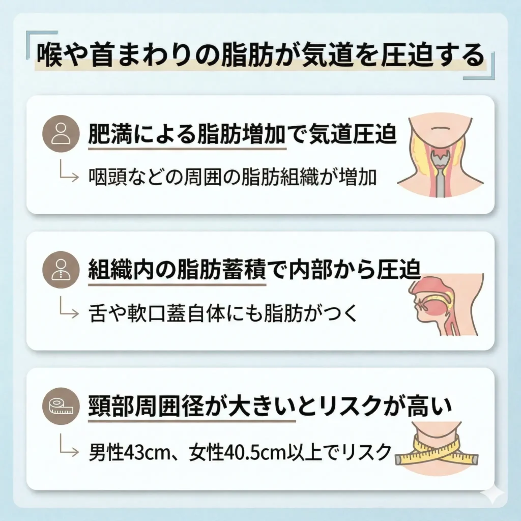 喉や首まわりの脂肪が気道を圧迫する