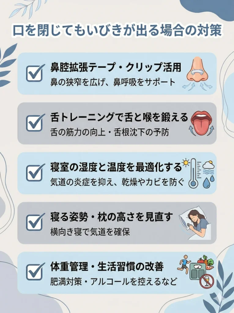 口を閉じてもいびきが出る場合の対策
