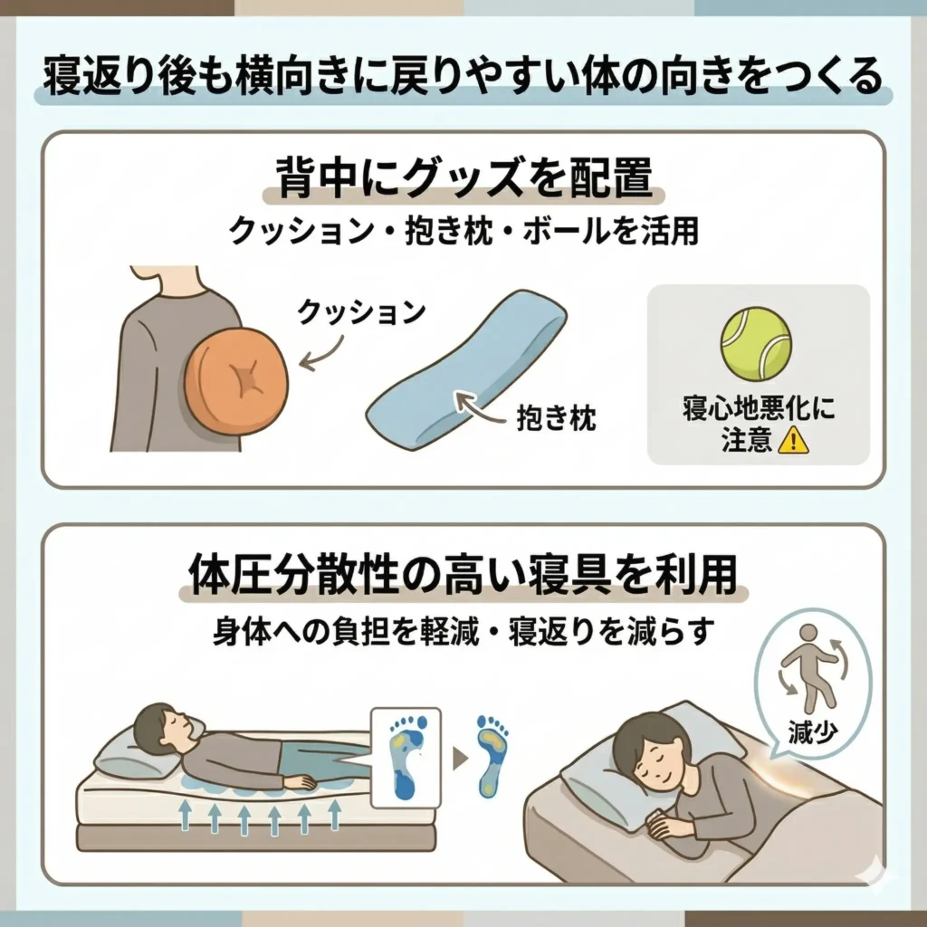 寝返り後も横向きに戻りやすい体の向きをつくる