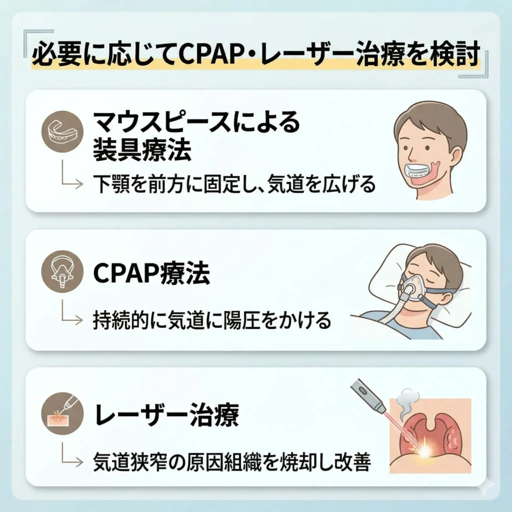 必要に応じてCPAP・レーザー治療を検討