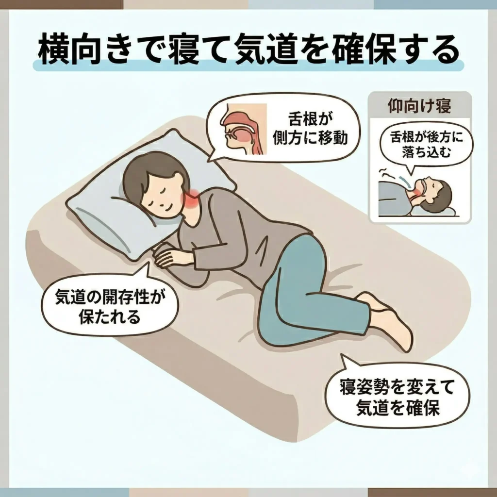 横向きで寝て気道を確保する