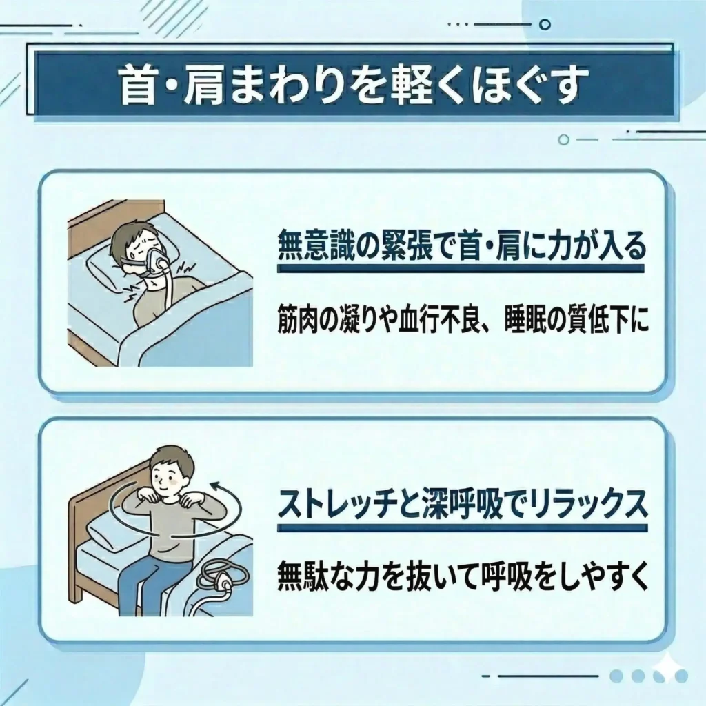 首・肩まわりを軽くほぐす
