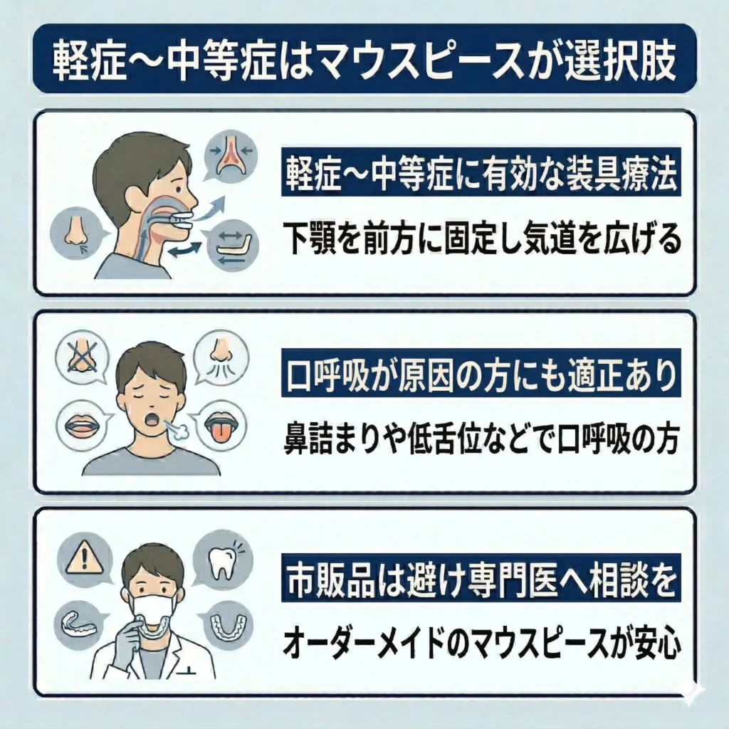 軽症〜中等症はマウスピースが選択肢
