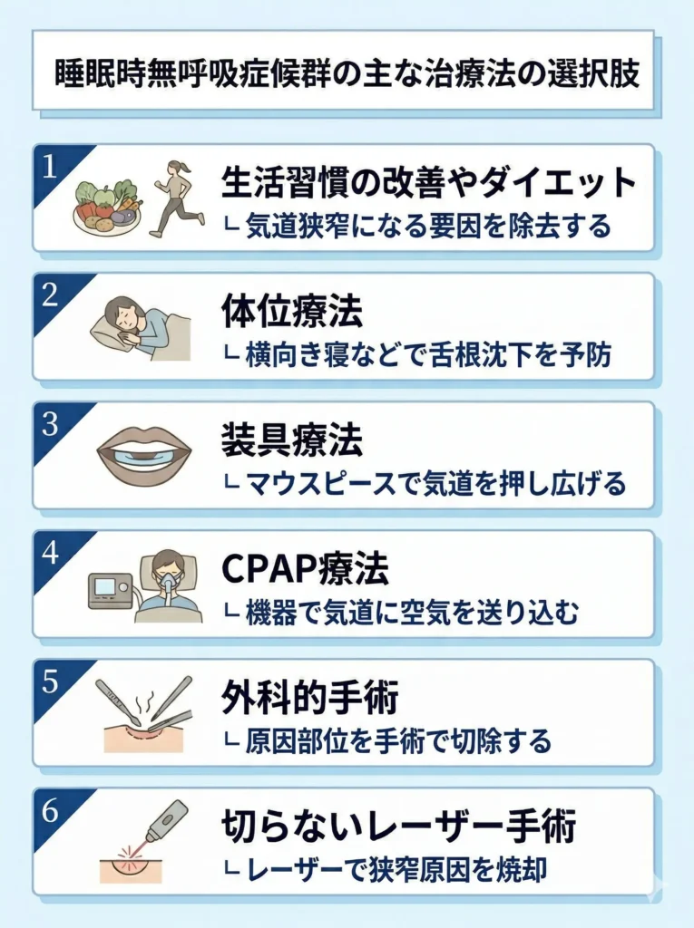 睡眠時無呼吸症候群の主な治療法の選択肢