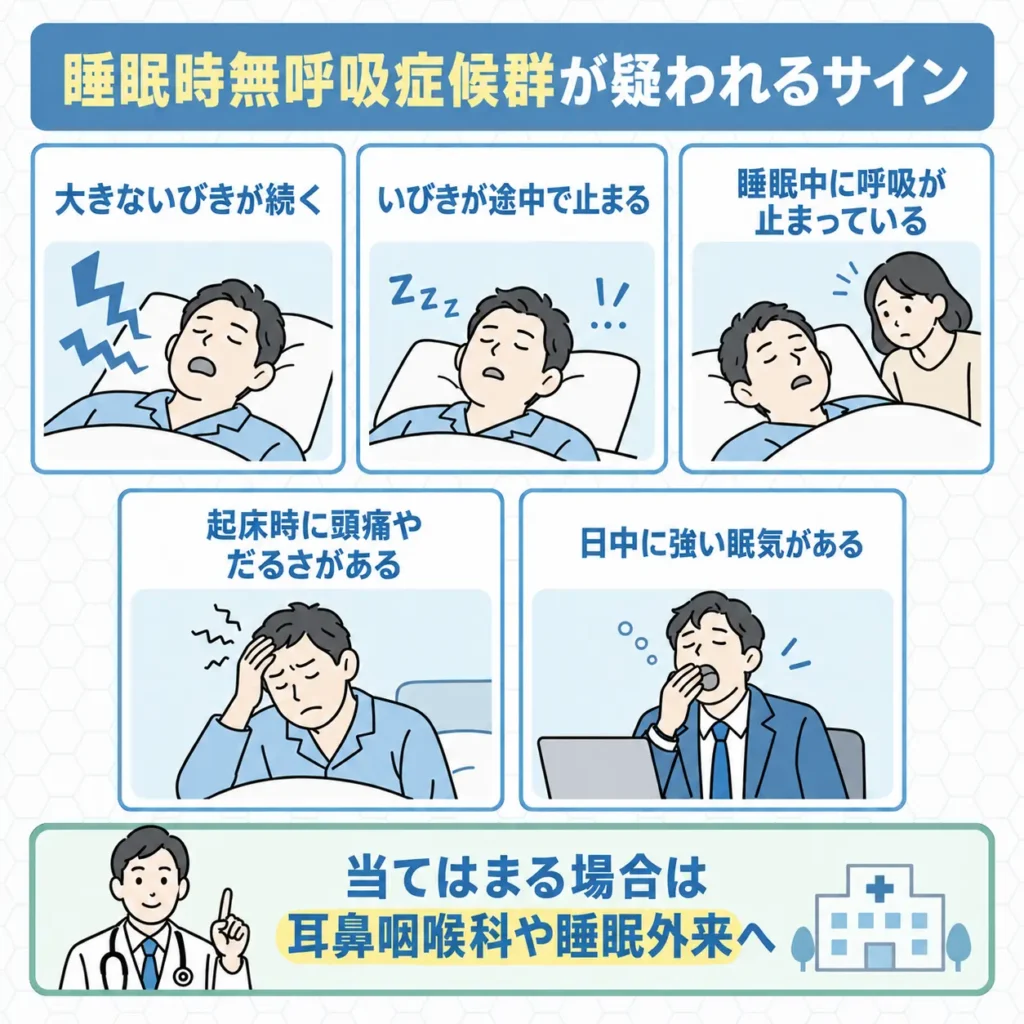 大きないびきや無呼吸がみられる場合は睡眠時無呼吸症候群に注意する
