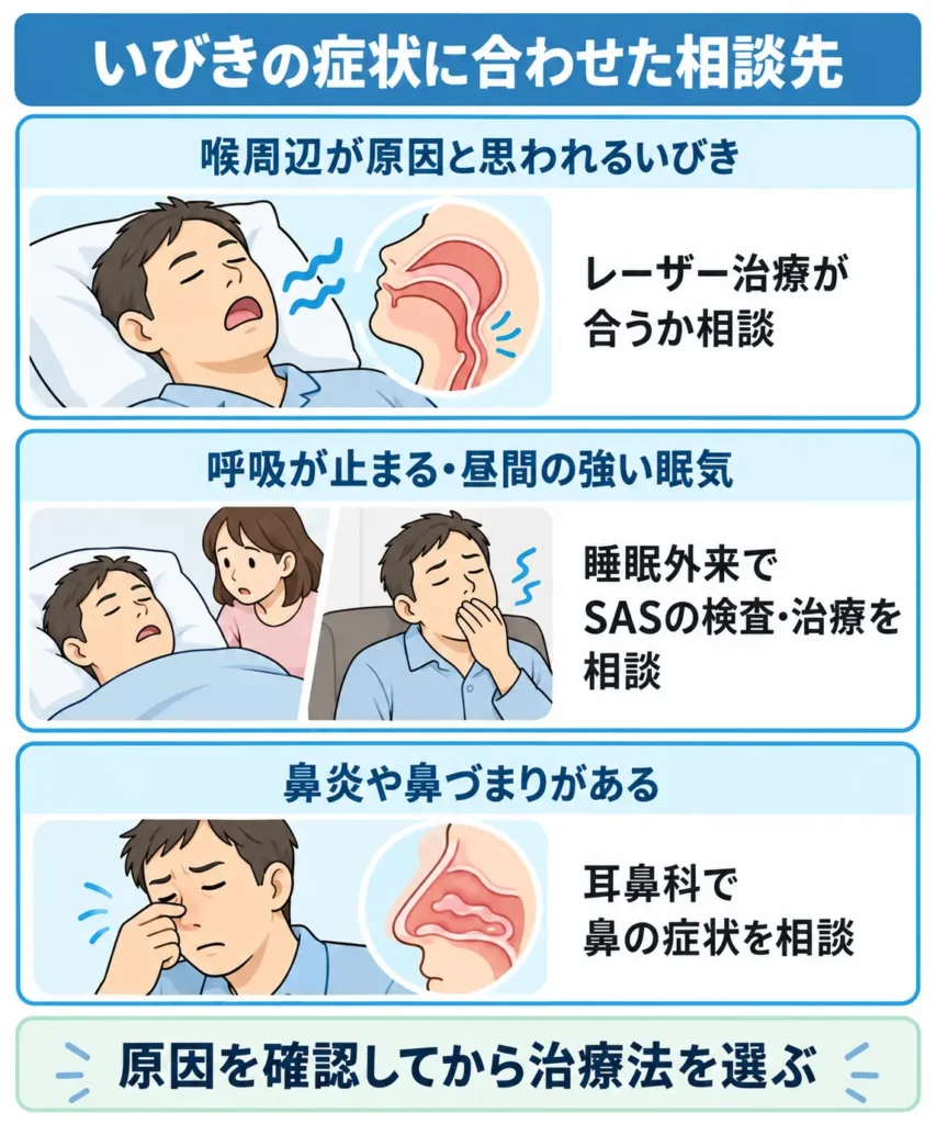 重度のSASや鼻詰まりが疑われる場合は耳鼻科・睡眠外来も検討する